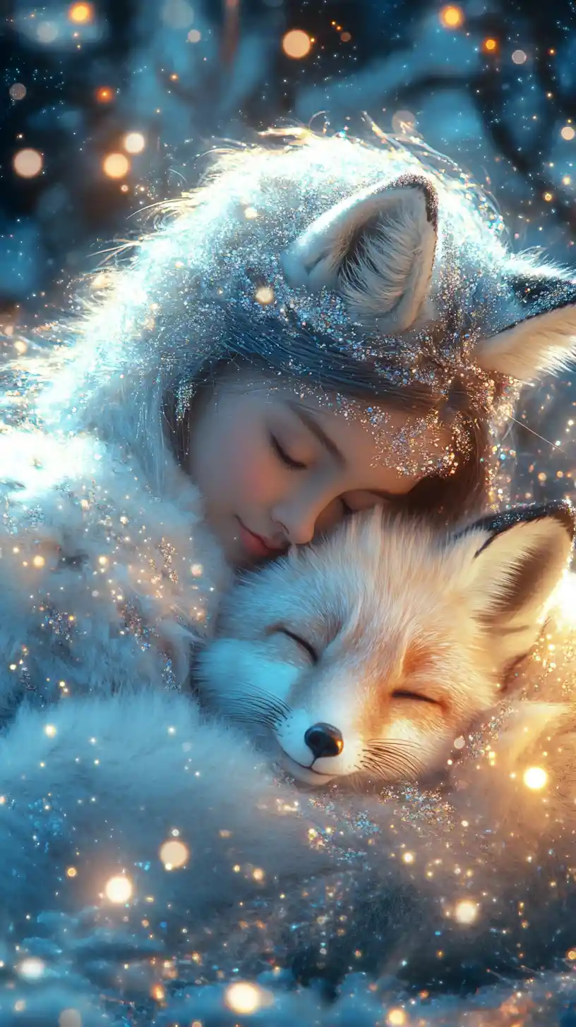 Fantasy woman cuddling an arctic fox in icy landscape