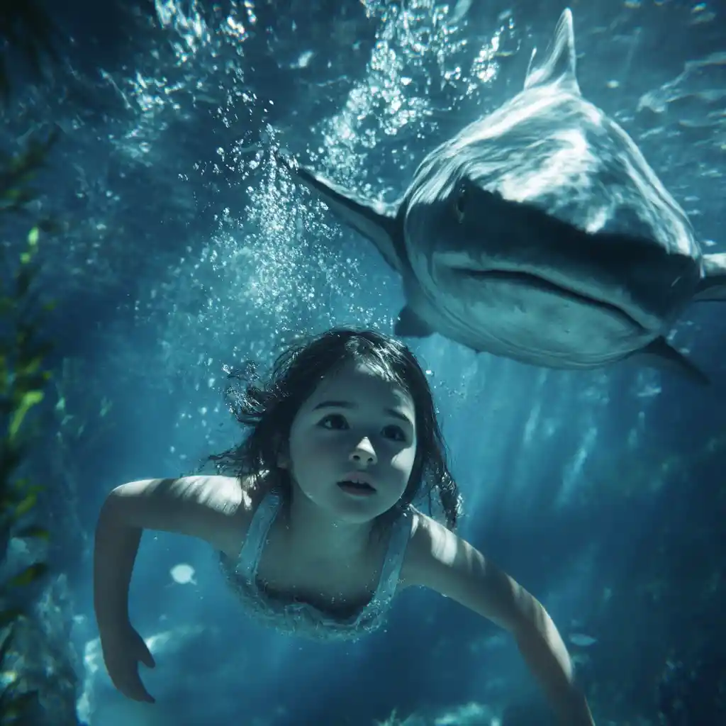 Young Japanese girl underwater watching a large fish swim