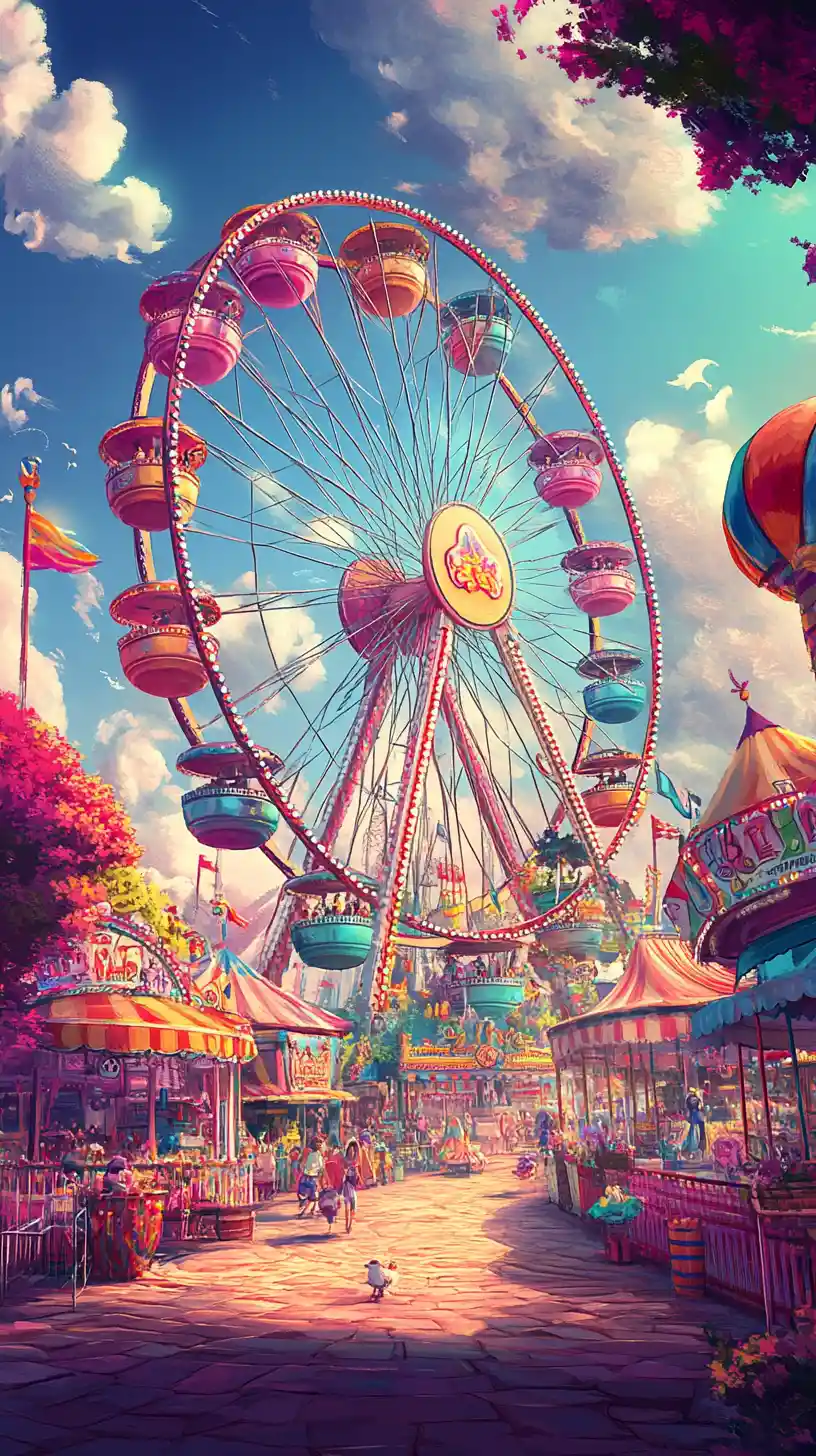 Whimsical candy ferris wheel in a colorful fantasy carnival