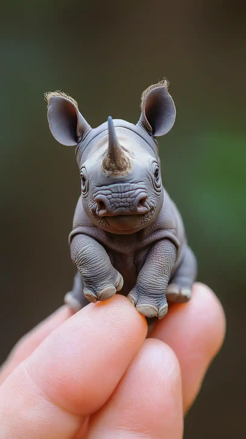 Tiny One Horned Rhinoceros Standing On A Human Finger