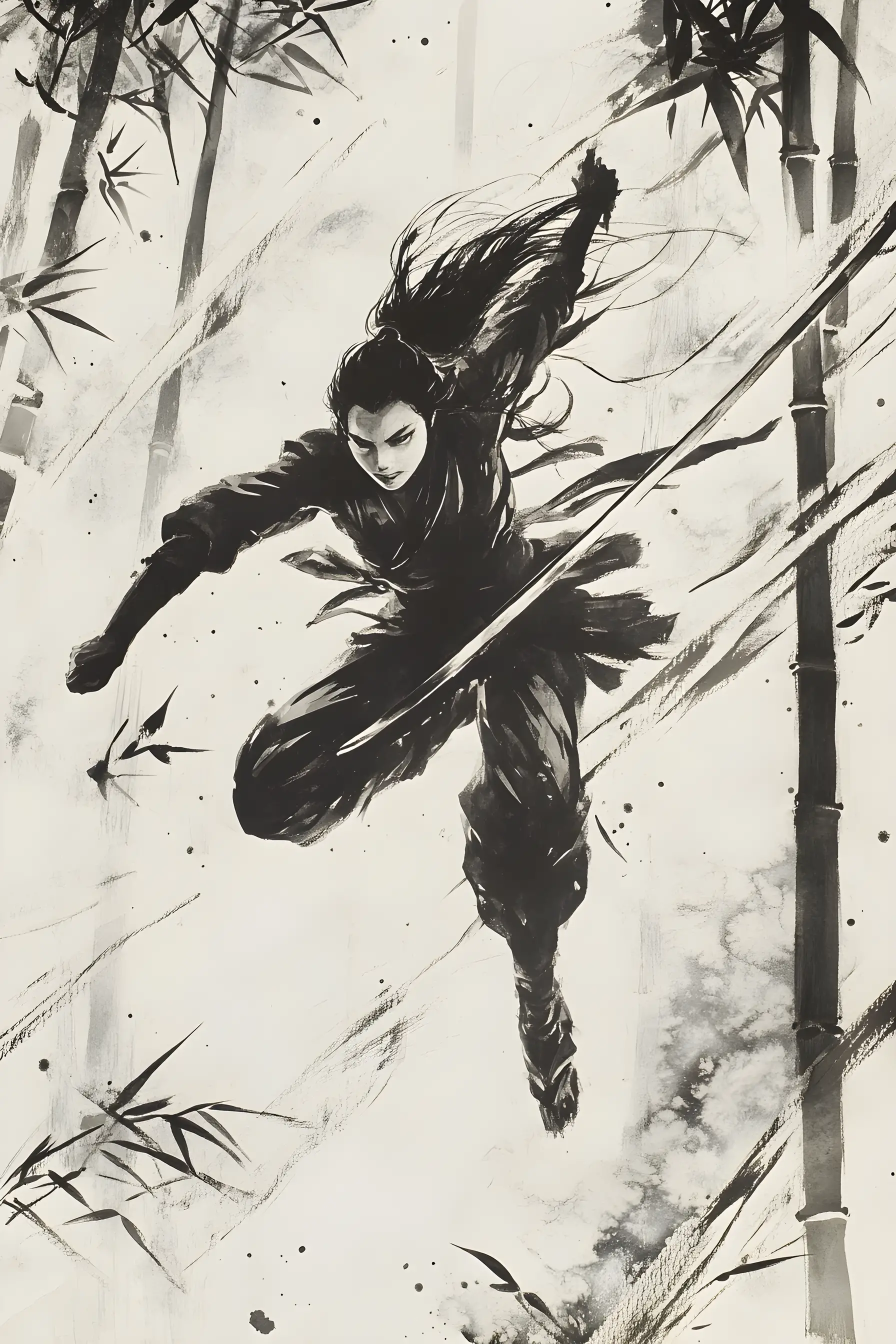 Warrior woman leaping through a bamboo forest in motion