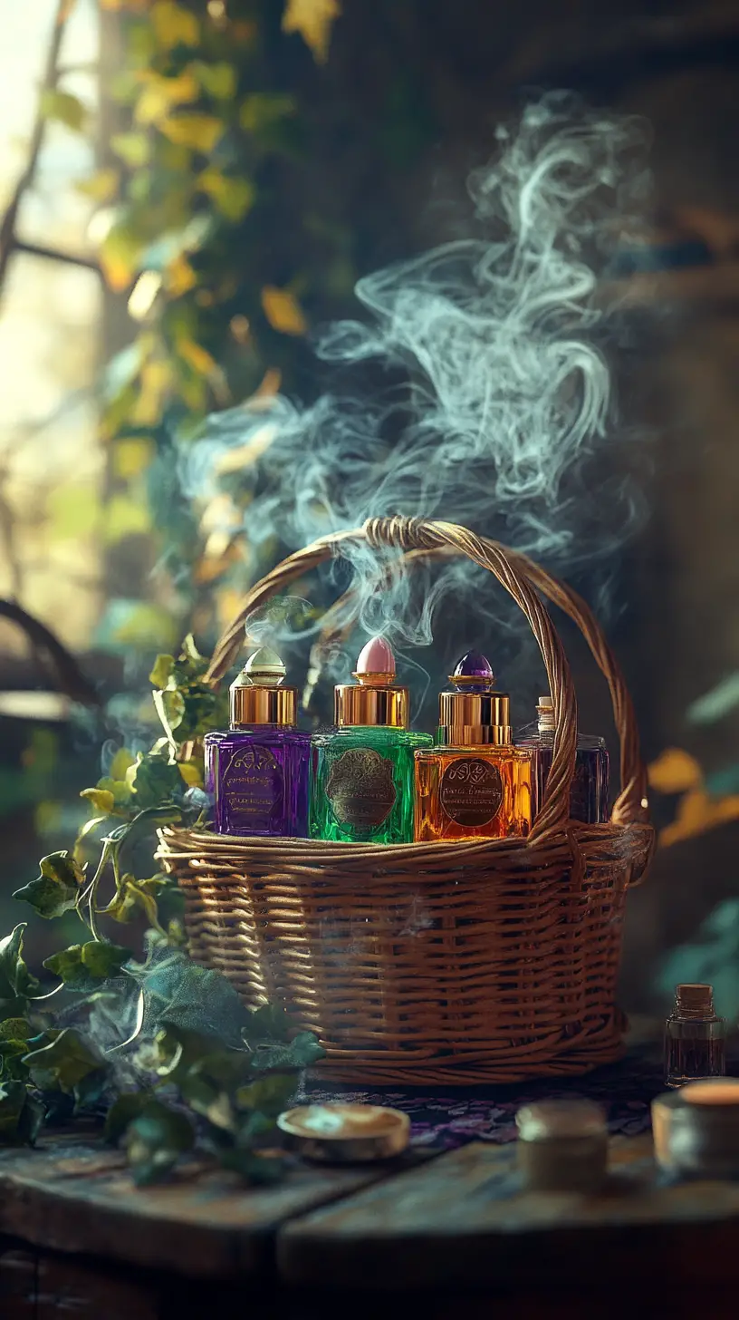 Victorian Basket Of Perfumes On Rustic Table With Ivy