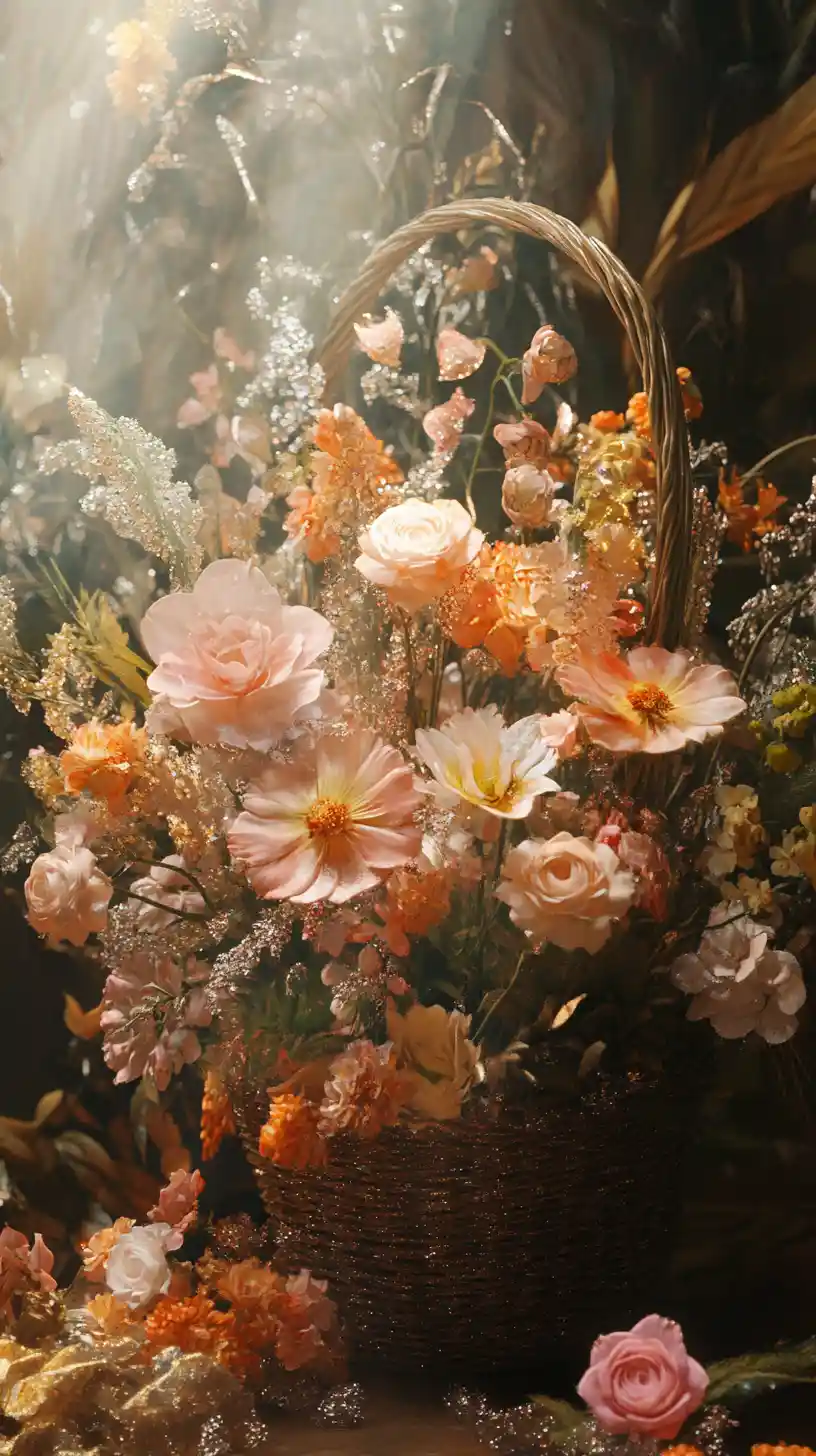 Basket of pastel flowers with shimmering magical details