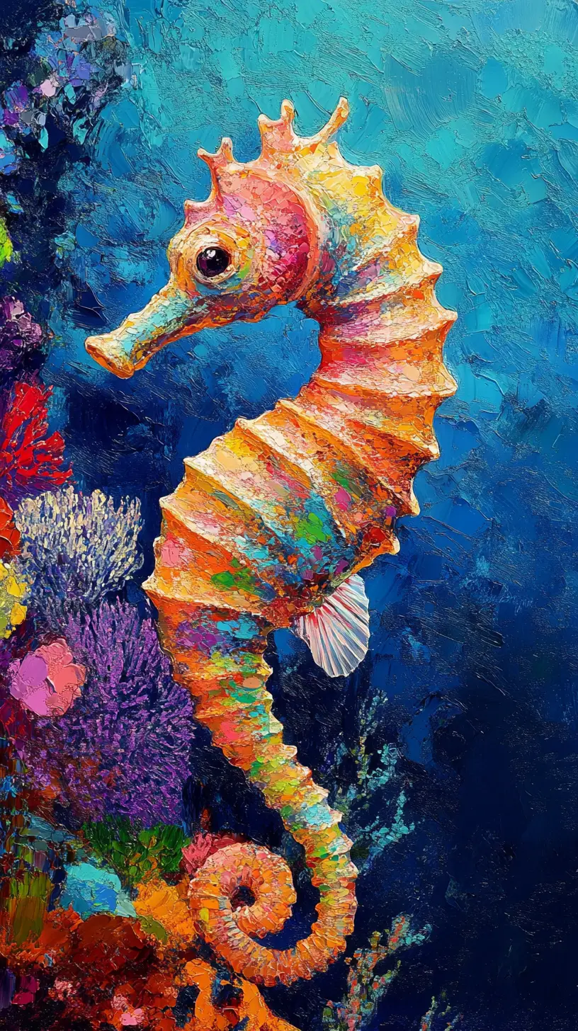 Colorful rainbow seahorse among coral in blue ocean