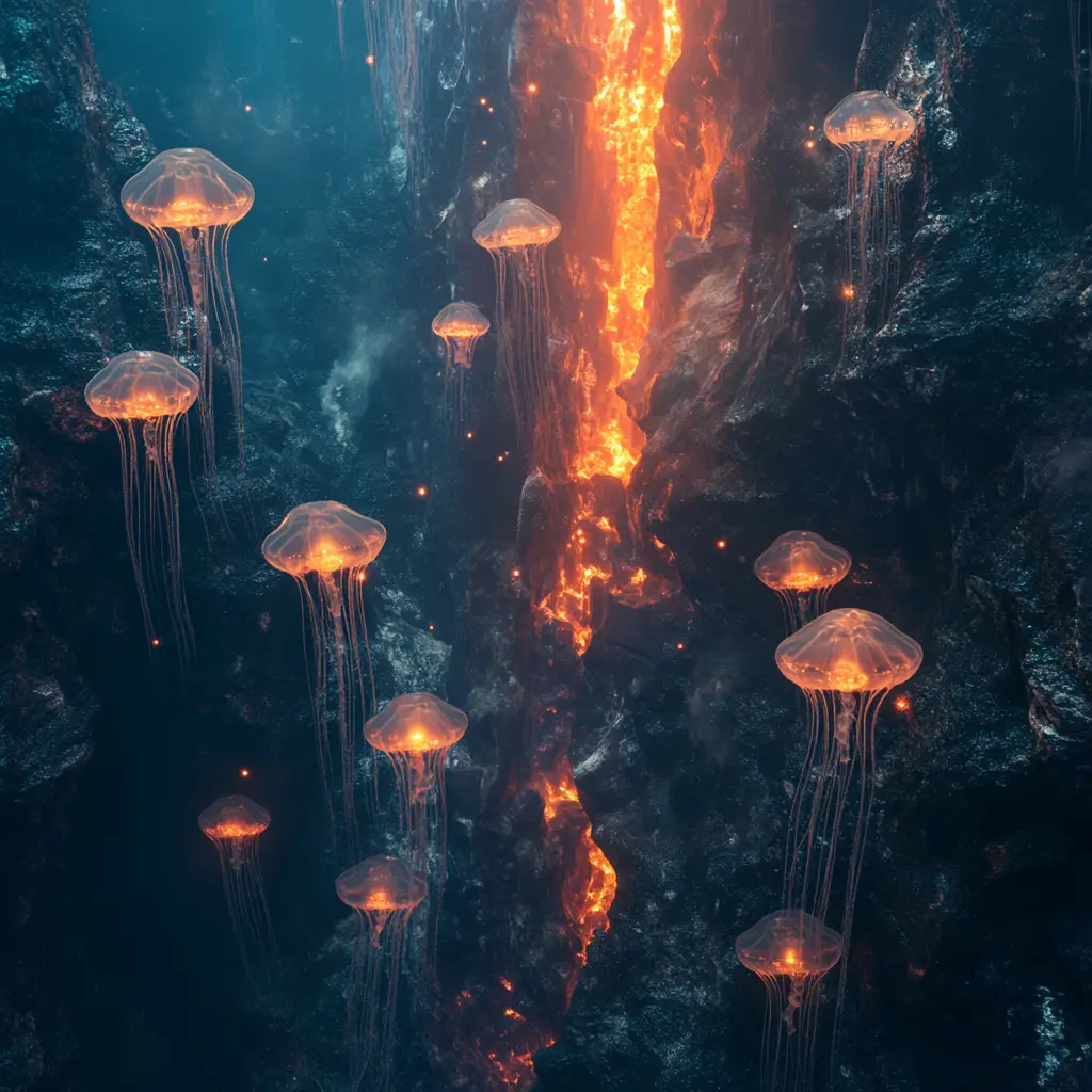 Glowing Jellyfish Around A Bright Underwater Hydrothermal Vent