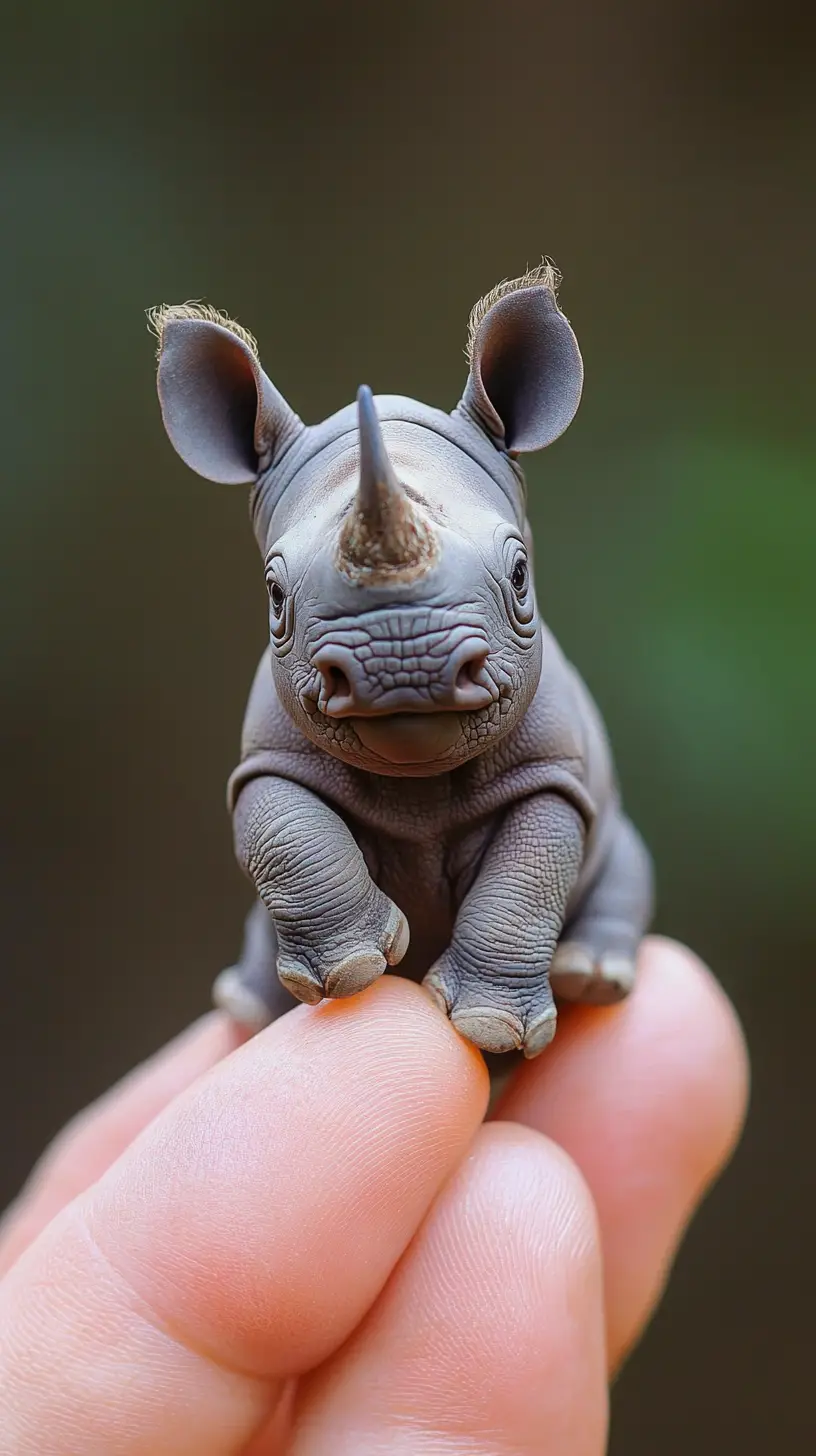 Minuscolo rinoceronte unicorne in piedi su un dito umano