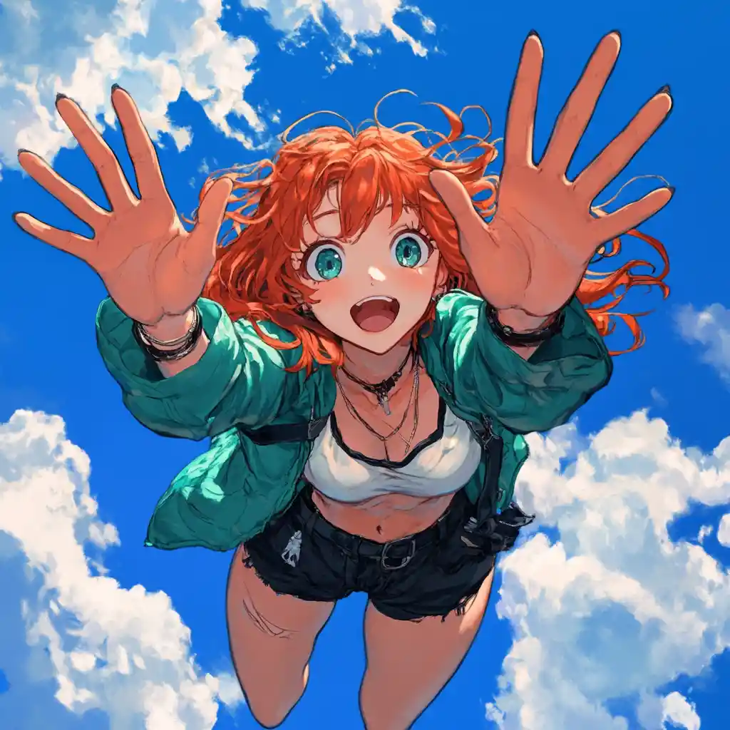 Energetic anime girl jumping under a bright blue sky