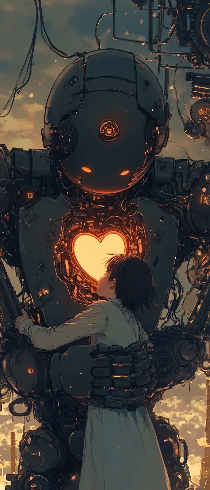 Tearful robot with glowing heart hugged by human friend