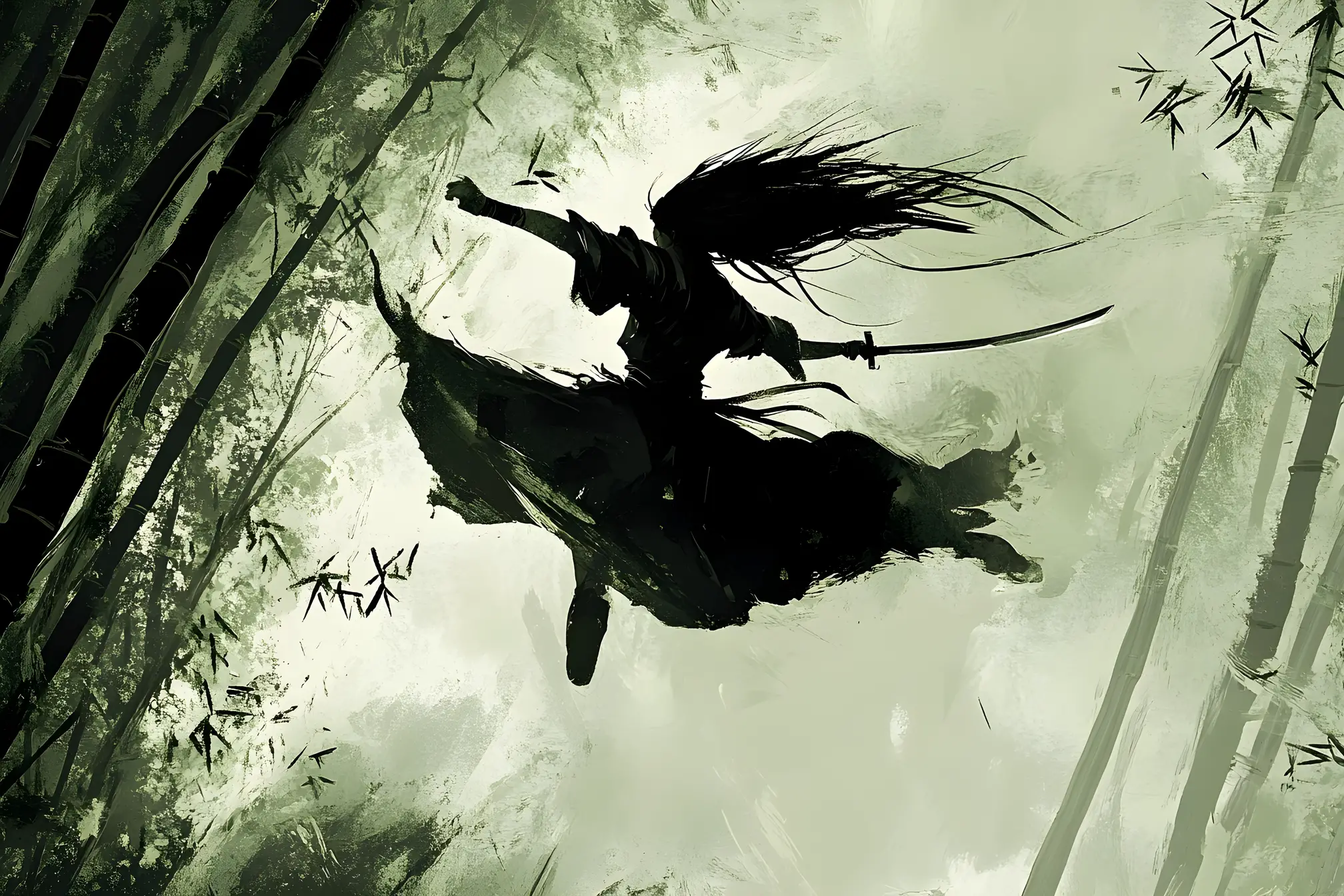 Warrior woman leaping through a misty bamboo forest