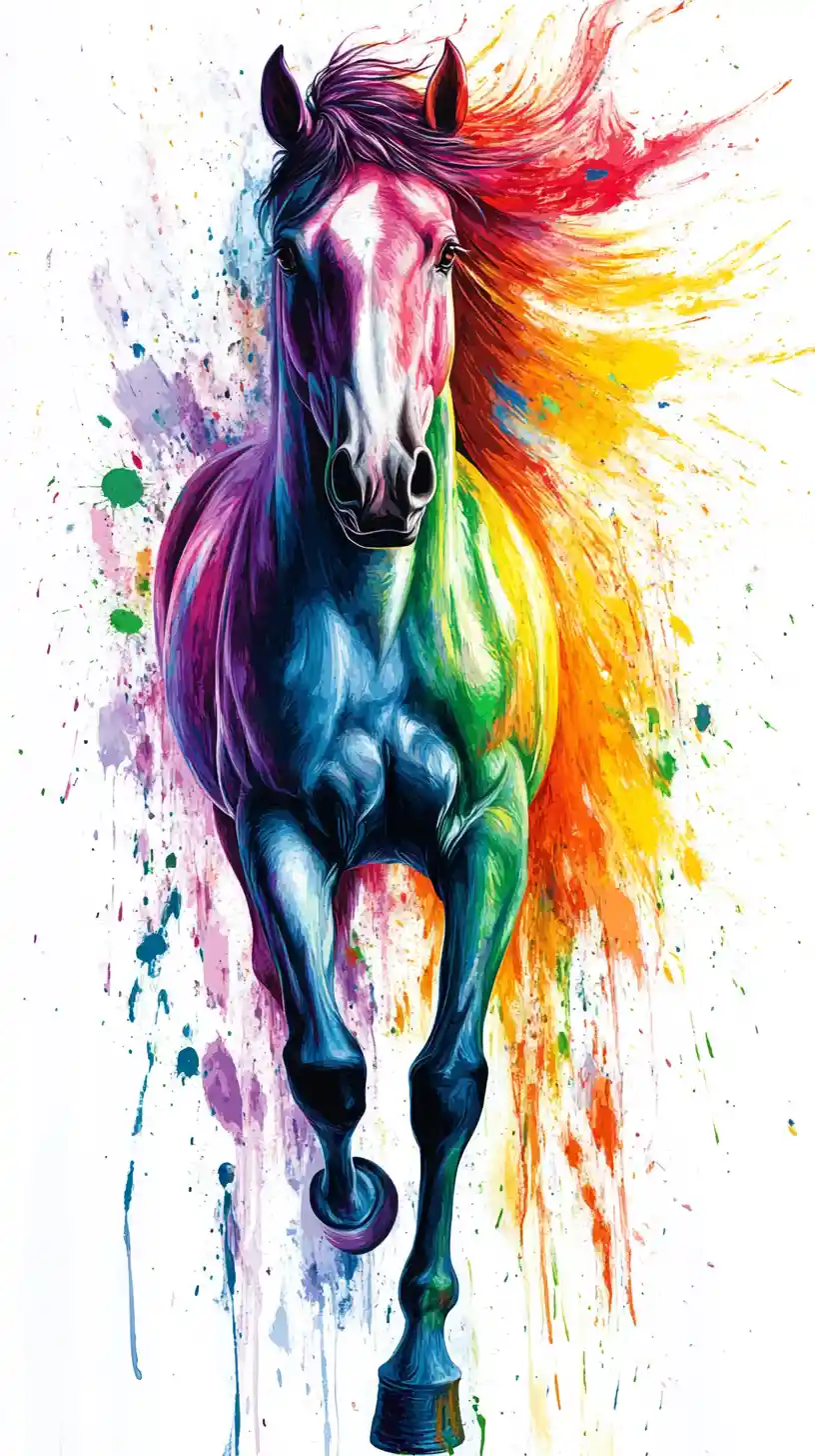Majestic horse with long mane amid rainbow paint splashes