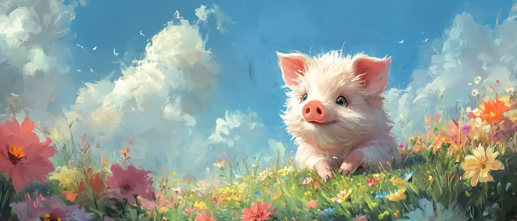 Cute piglet sitting in a green meadow with flowers