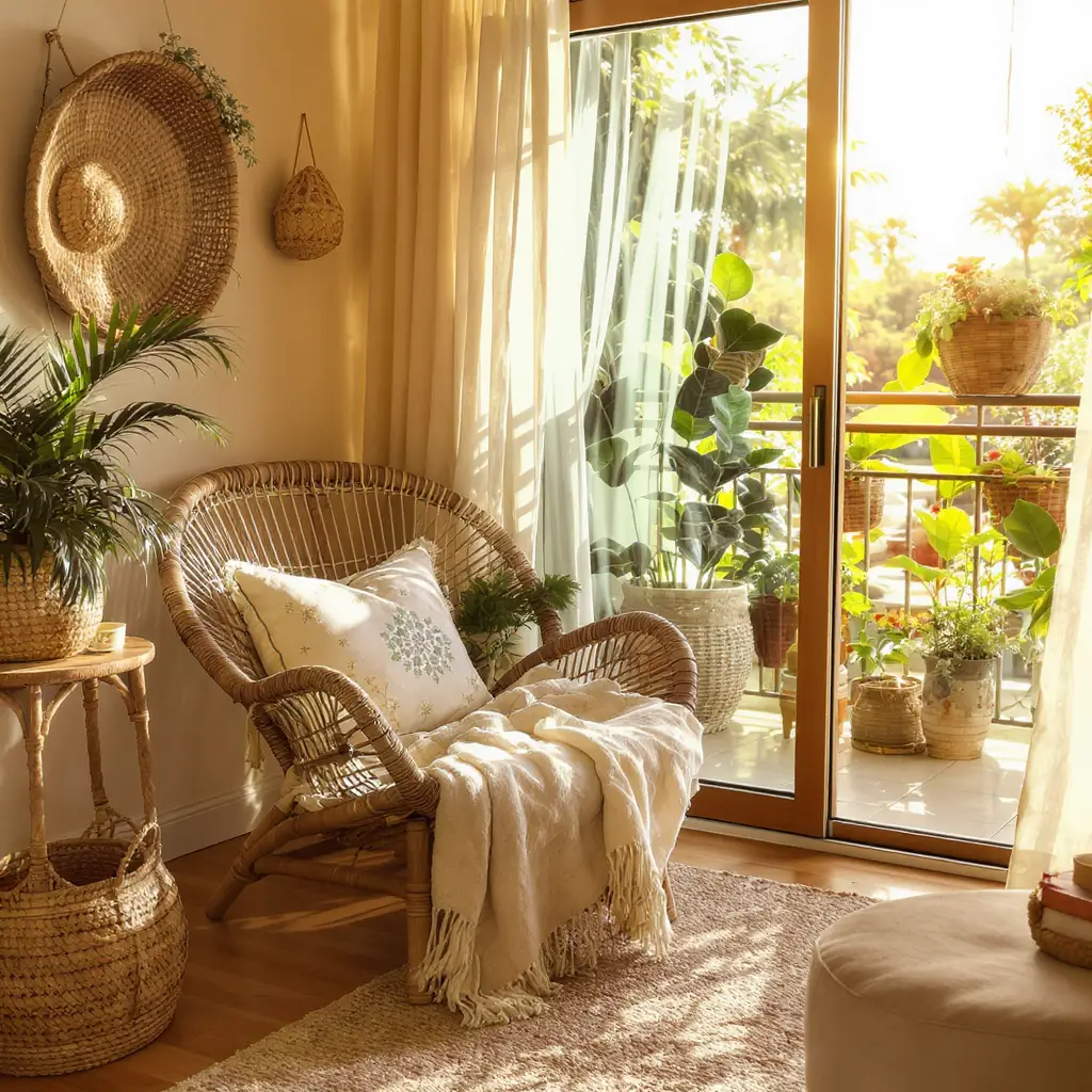 Rattan armchair by balcony with warm golden sunlight