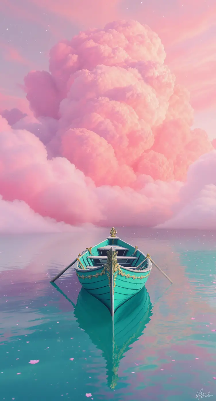 Teal Rowboat Floating In Dreamy Pink Cloud Reflections