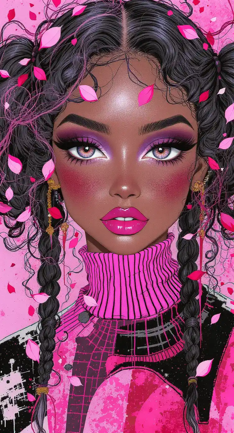 Extreme close up fashion illustration of a pink haired girl