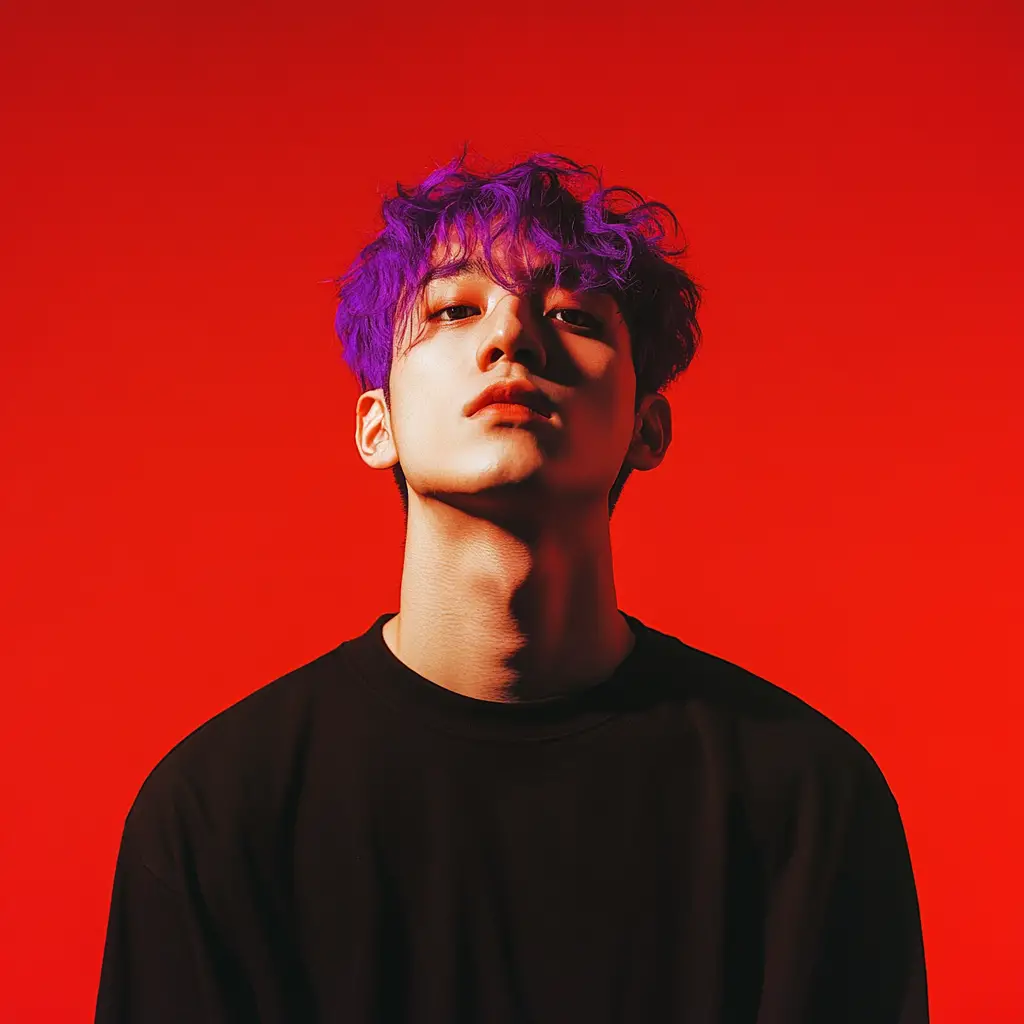 Purple haired man standing against a vivid red background