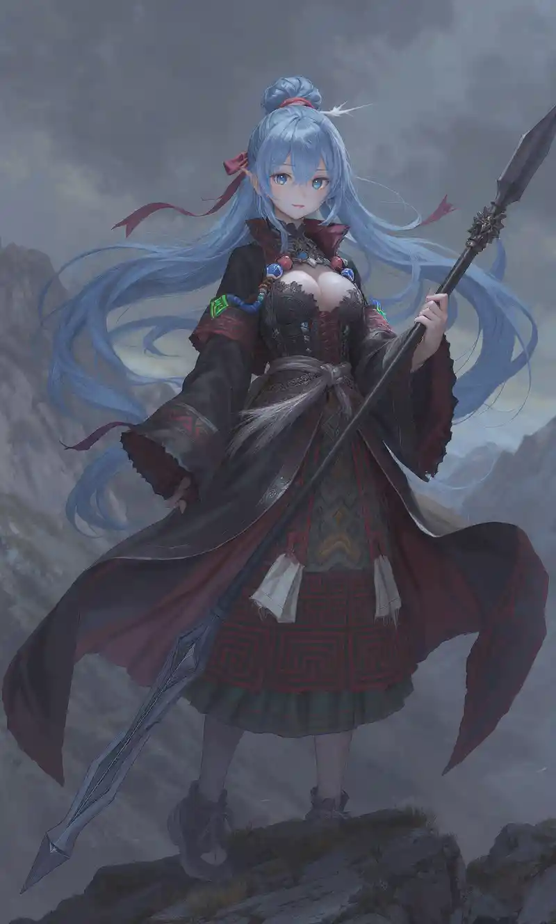 Anime girl with staff in windy mountain landscape