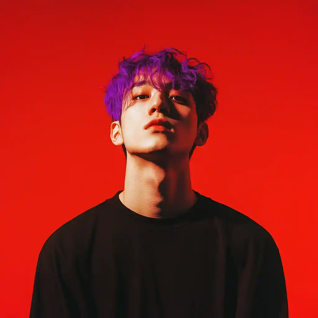 Purple haired man standing against a vivid red background