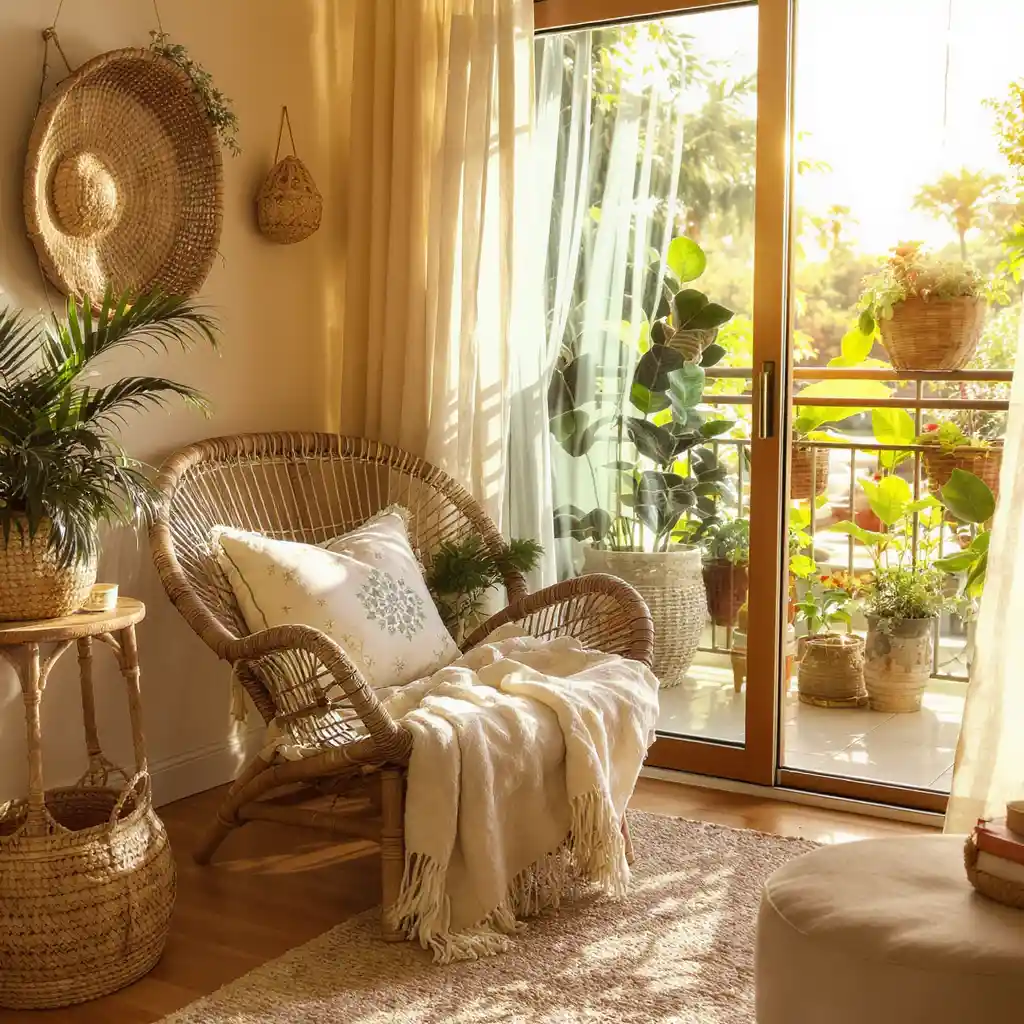 Rattan armchair by balcony with warm golden sunlight