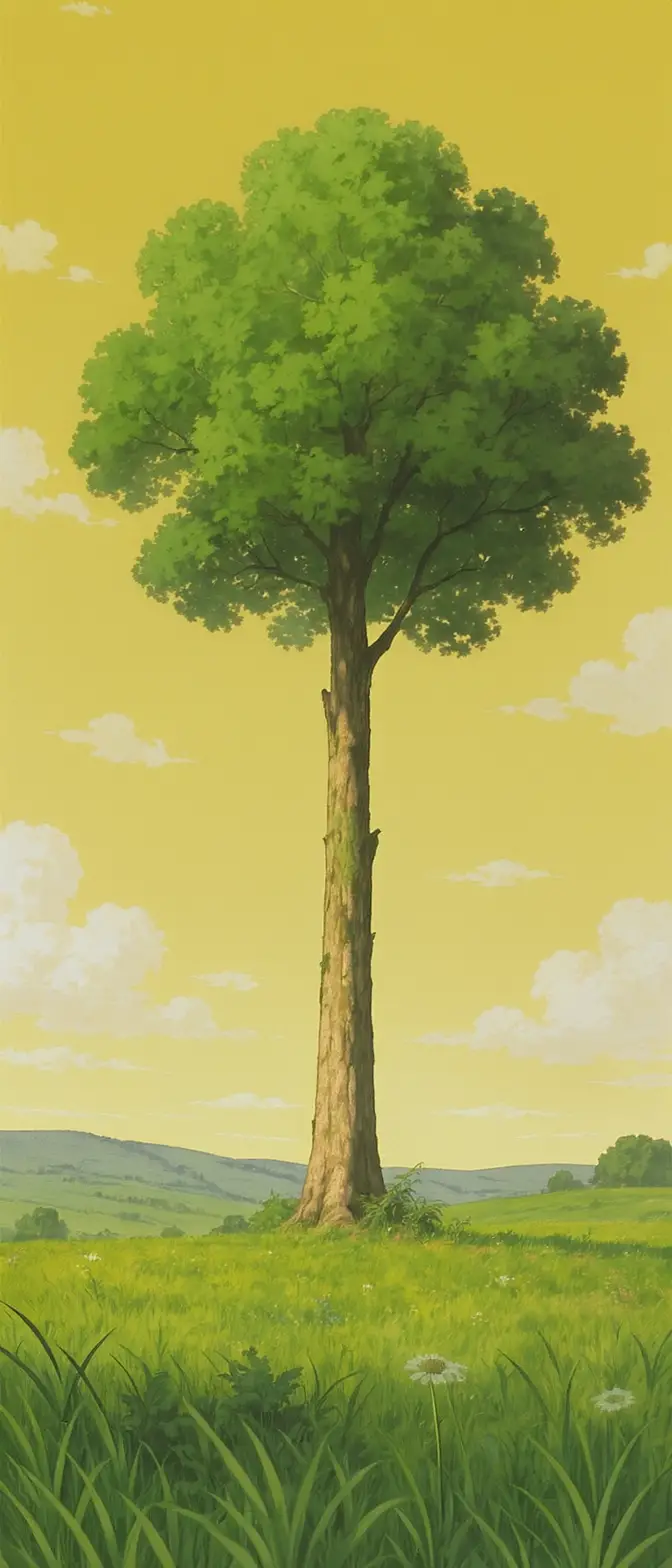 Anime tree connecting yellow sky and green grasslands