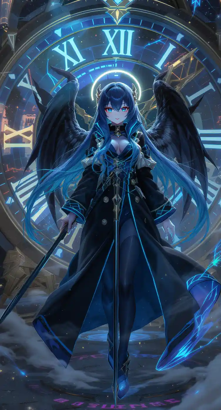 Futuristic anime girl with halo before glowing clock