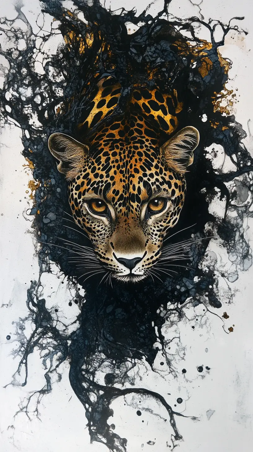 Optical illusion art with cascading leopard ink forms