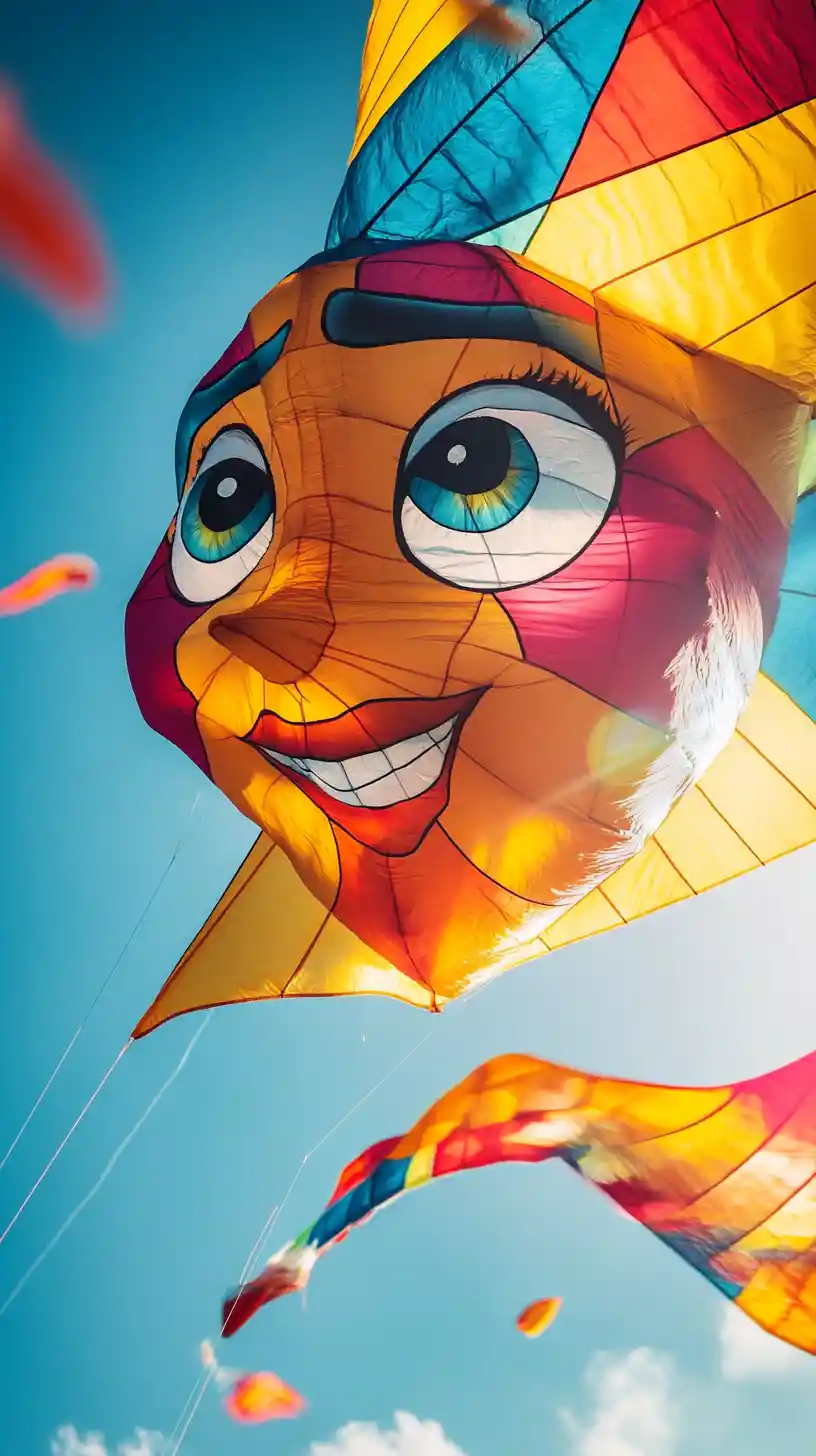 Colorful kite with a playful face dancing in sunlight