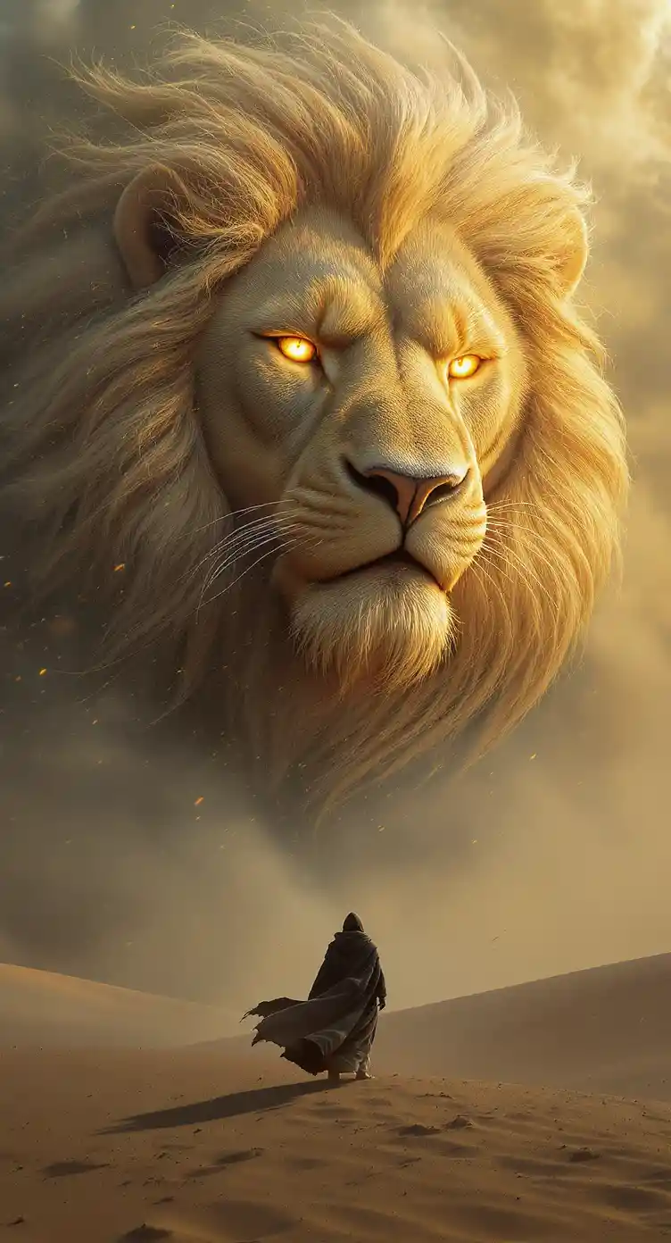 Lone cloaked figure facing colossal sand lion