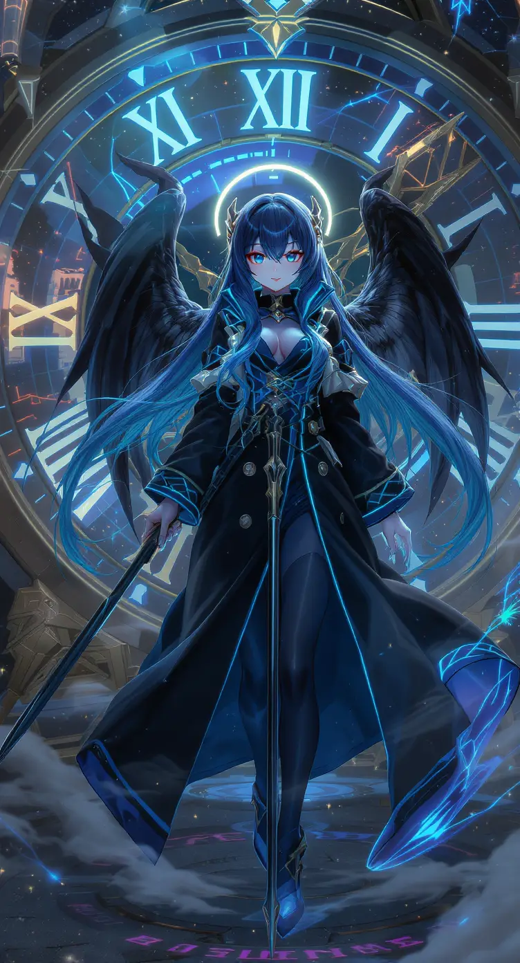 Futuristic anime girl with halo before glowing clock