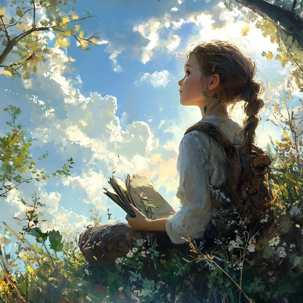 Young girl reading on a tree branch in forest