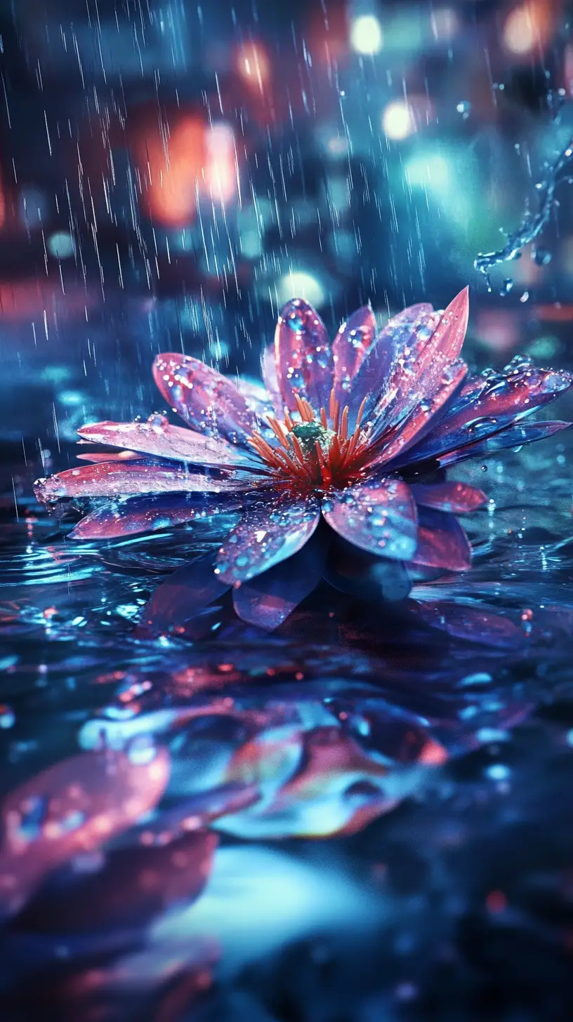 Macro flower in summer rain with cyberpunk city reflections