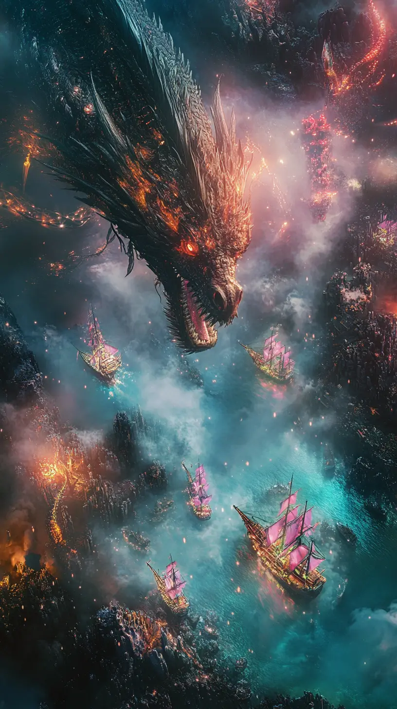 Misty dragon rising above foggy harbor from a bird view