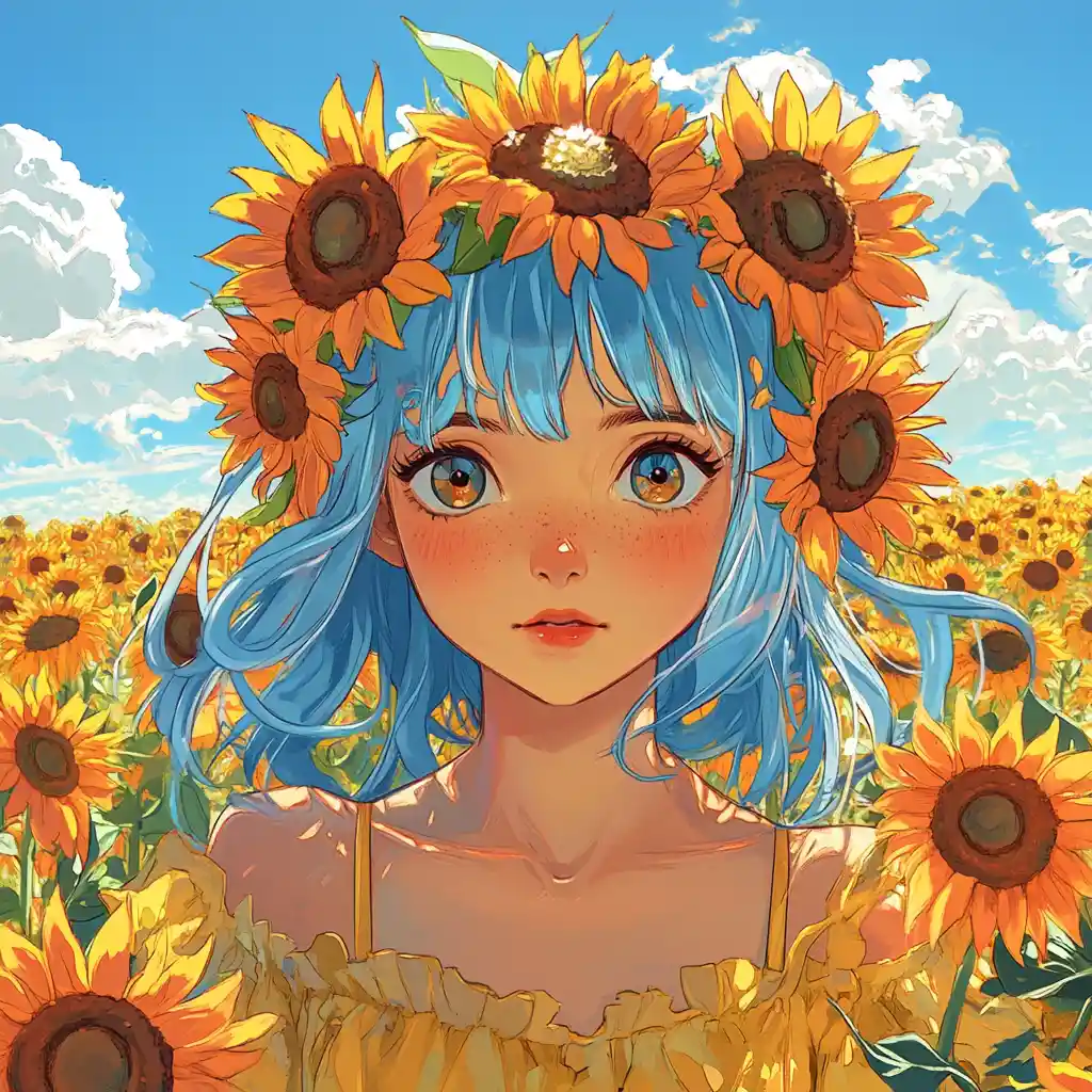 Anime blue bird girl in sunflower field under sunny sky