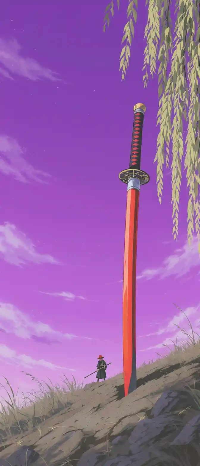 Crimson tachi sword standing upright in anime illustration