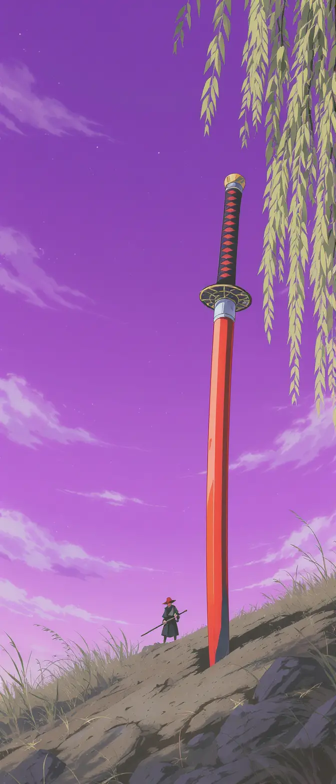 Crimson tachi sword standing upright in anime illustration