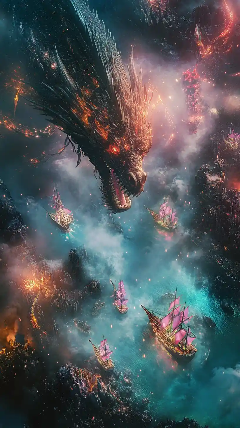 Misty dragon rising above foggy harbor from a bird view