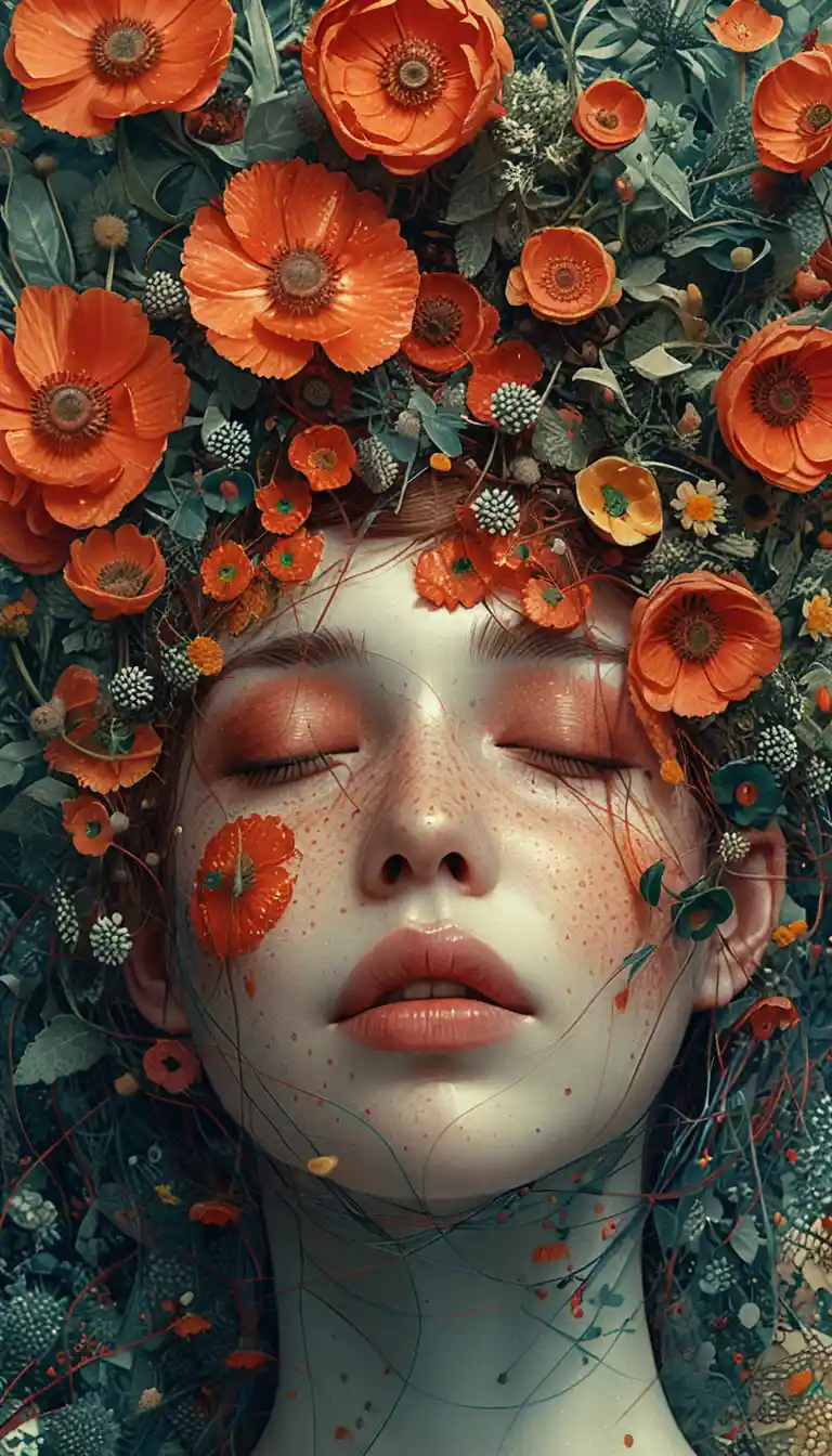 Surreal portrait of a woman with poppy flower hair