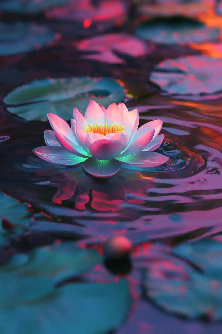 Lotosblume auf gekräuseltem Wasser im Neon-Abendlicht