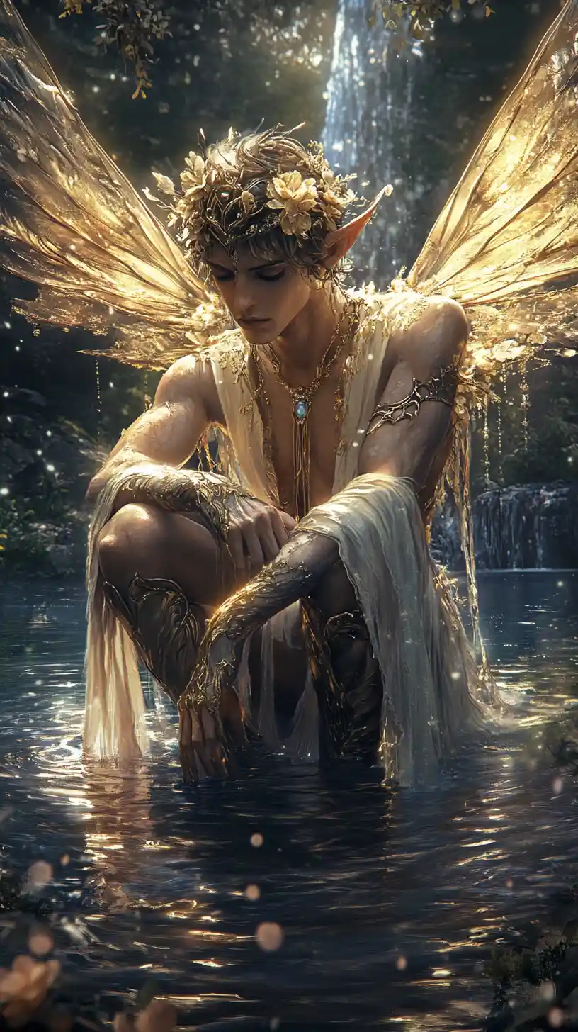 Majestic Fairy King Kneeling By A Moonlit Lake