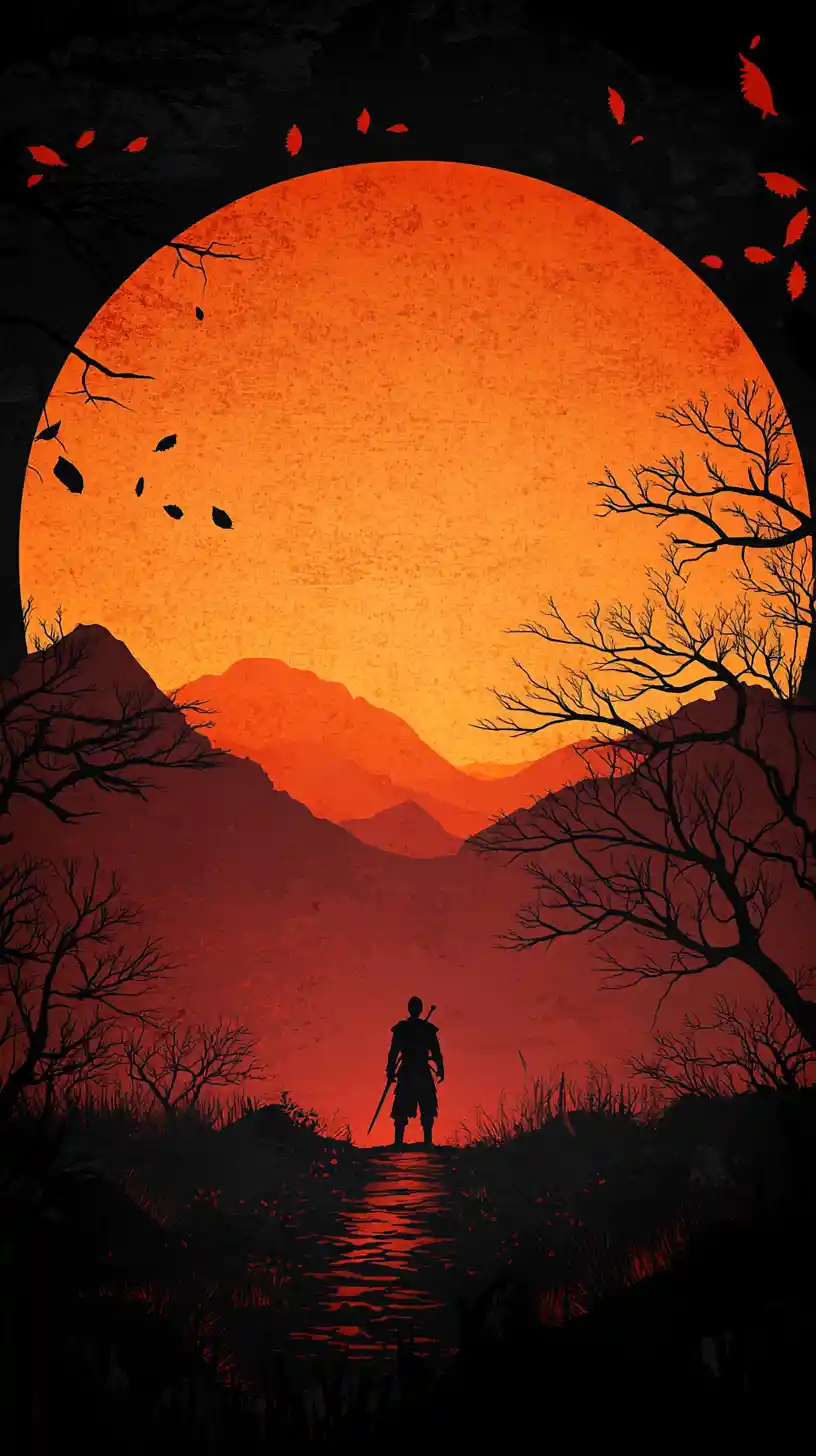 Lone warrior silhouette beneath a burning sunset sun