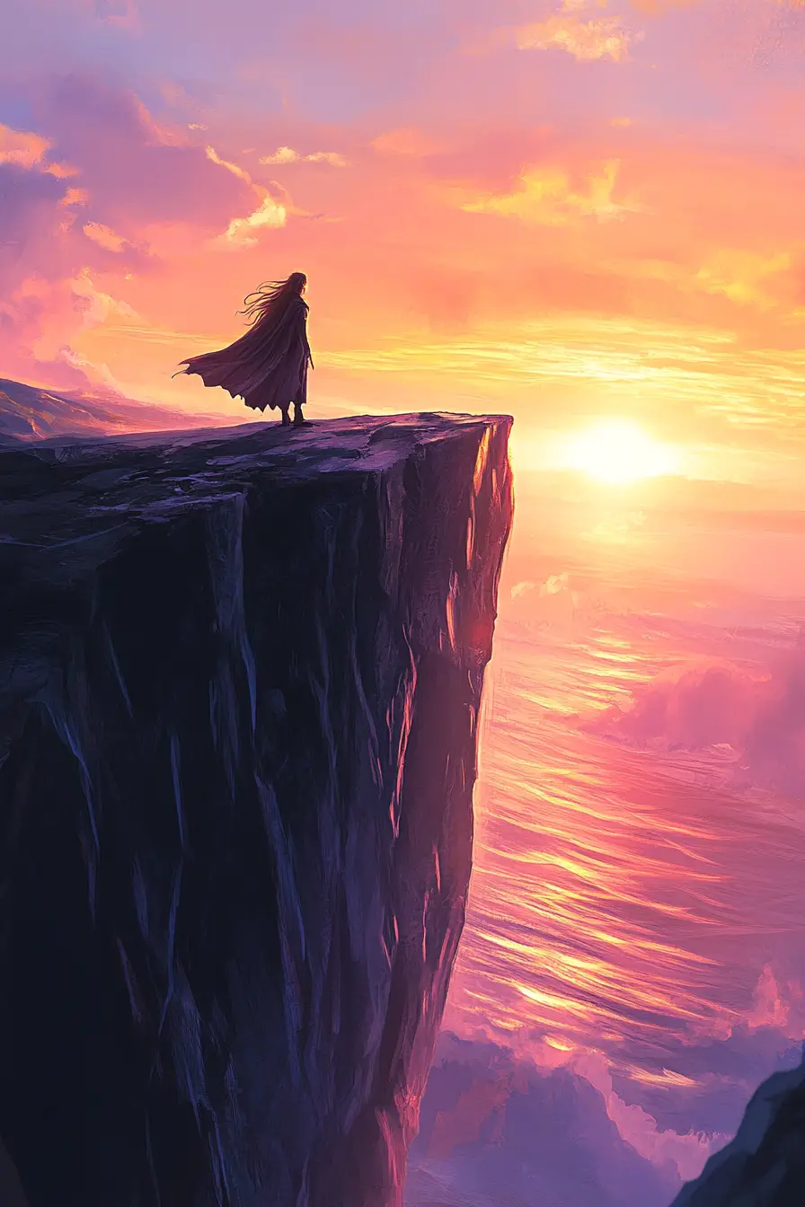 Warrior woman poised on cliff edge at sunrise