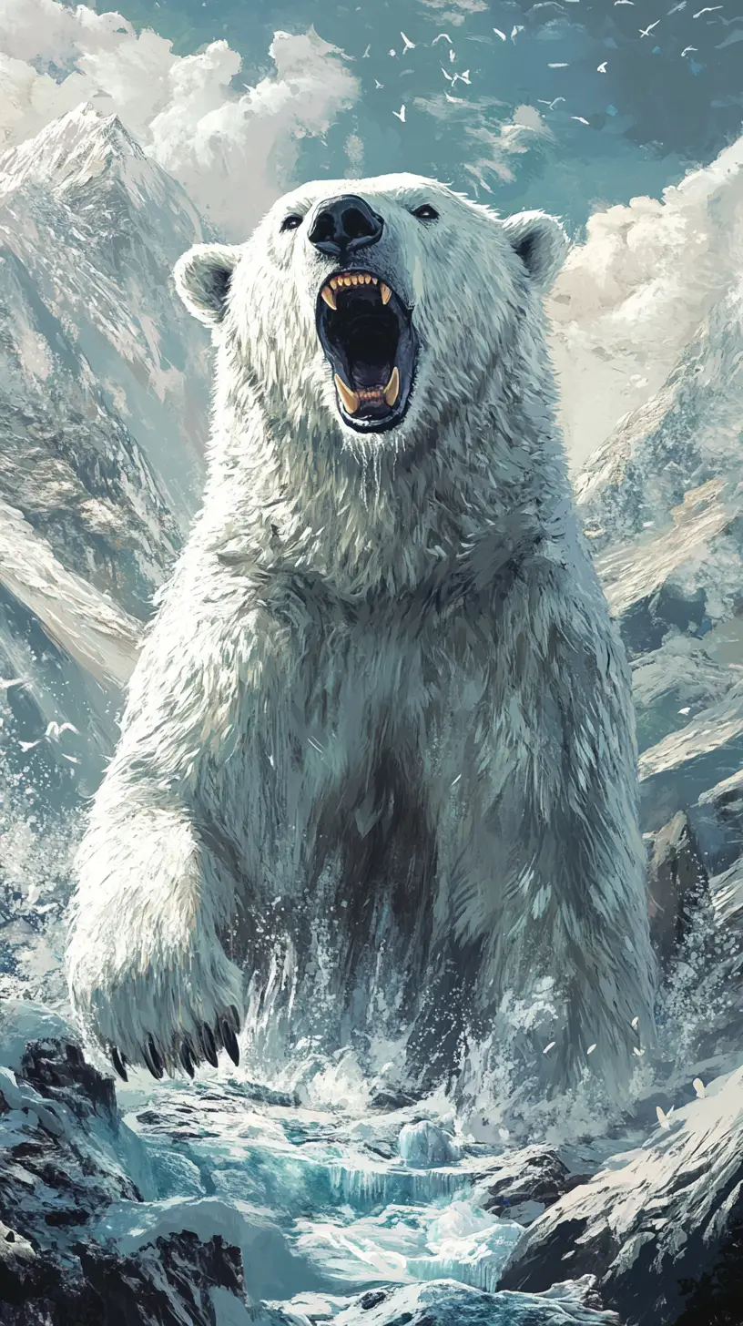 Roaring polar bear illustration in icy mountain landscape