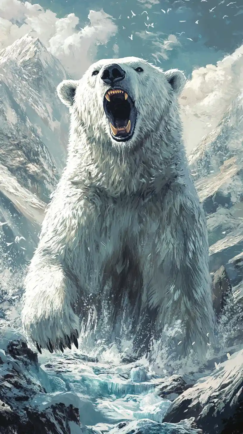 Roaring polar bear illustration in icy mountain landscape