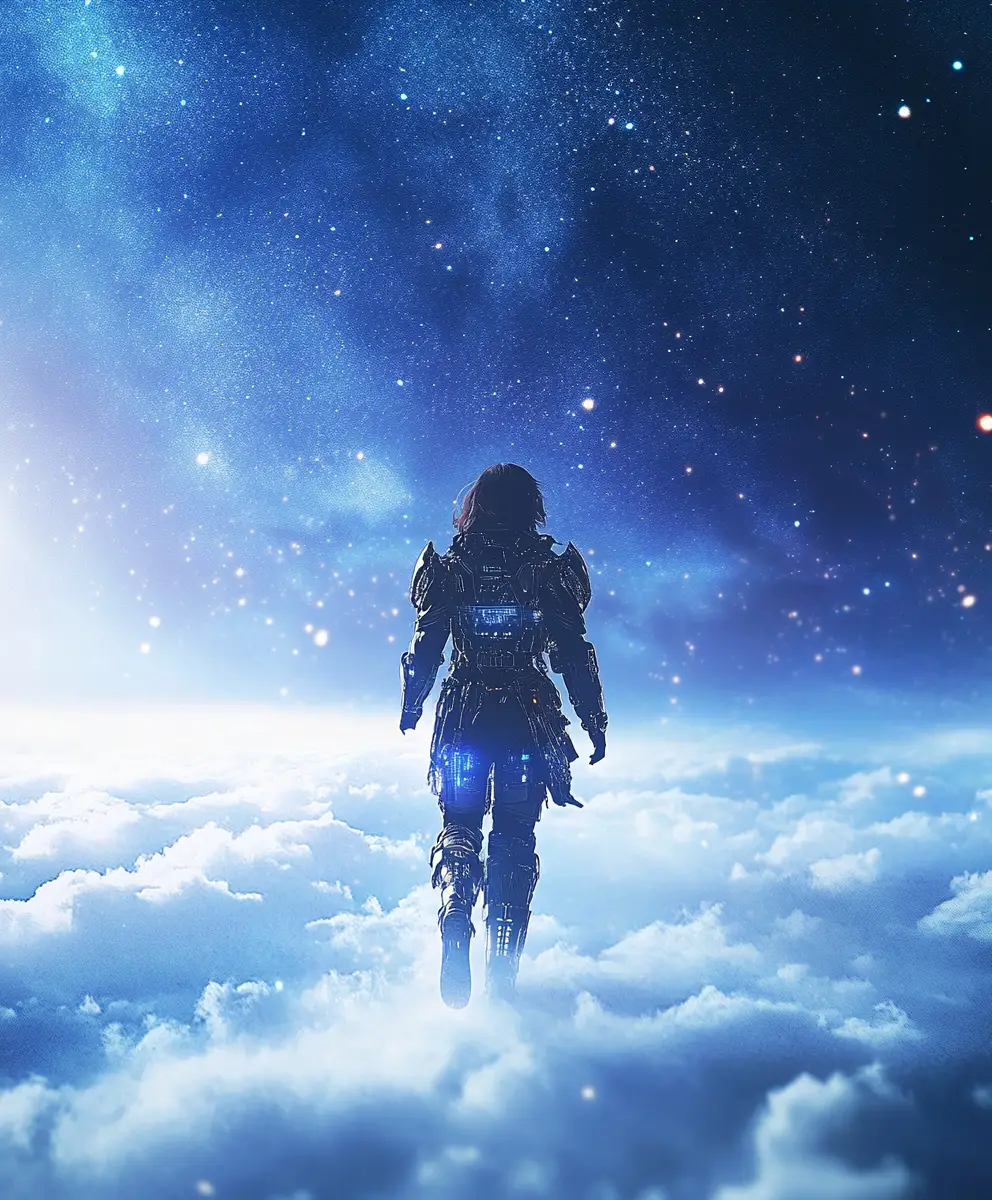 Futuristic armored woman walking across glowing night clouds