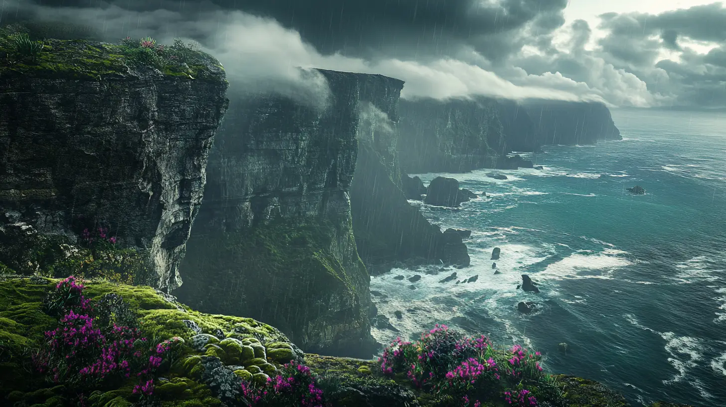 Fantasy ocean cliffs in a moody rainstorm landscape