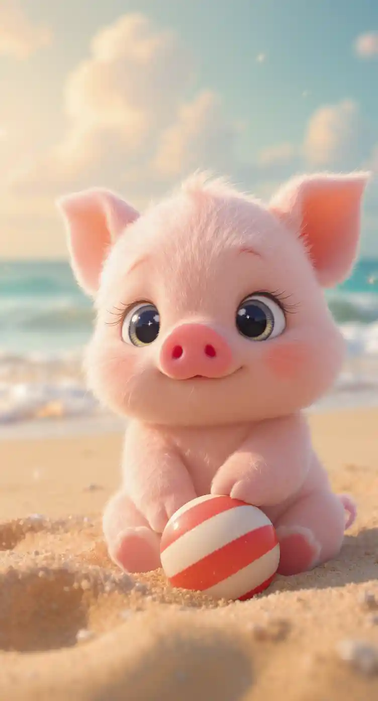 Cute 3d pig playing with a ball on the beach