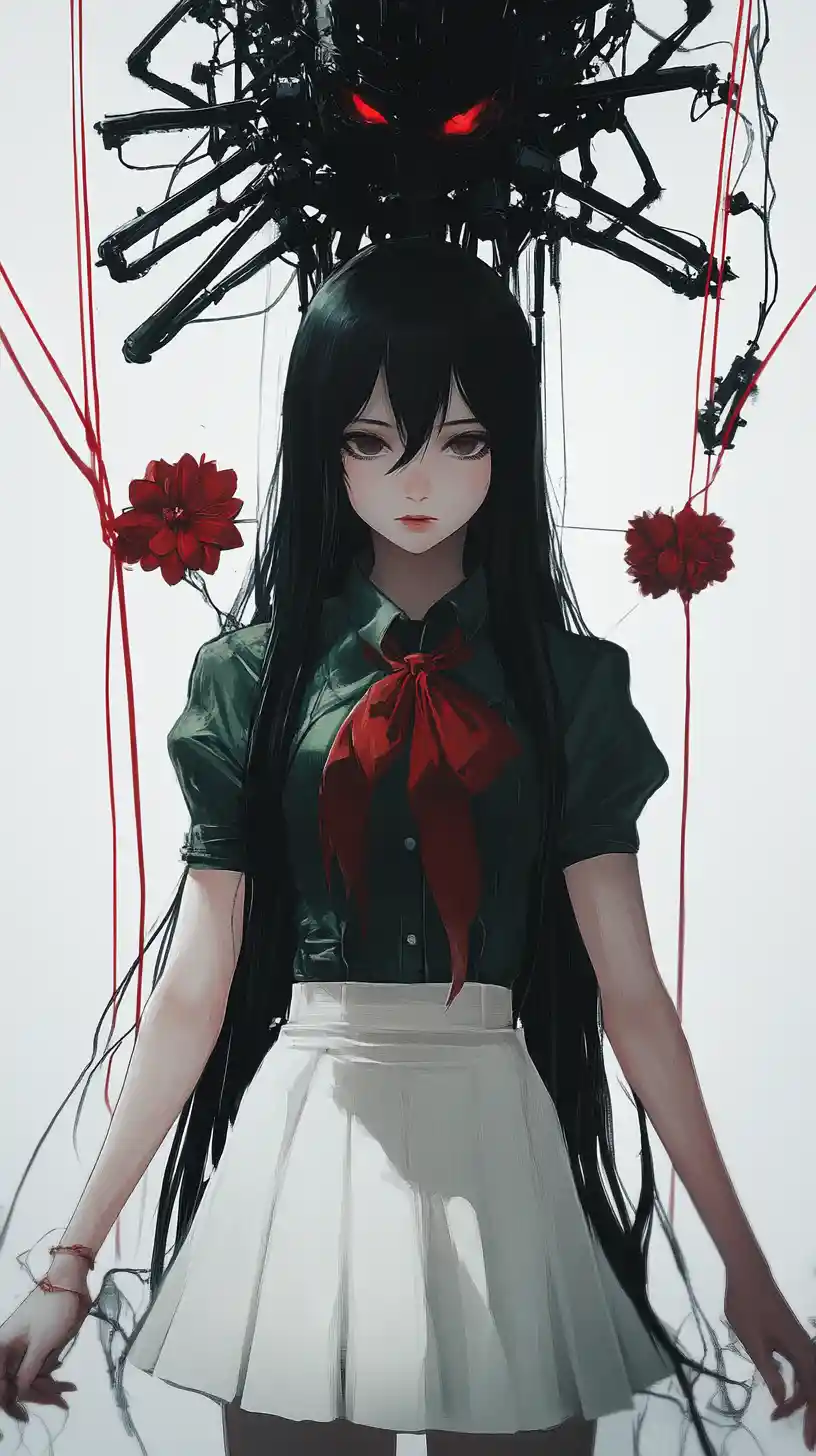 Anime-Mädchen, das von roten Marionettenfäden und Blumen kontrolliert wird