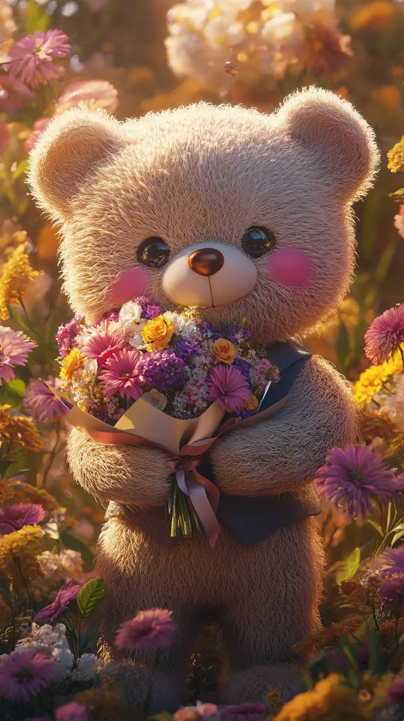Cute teddy bear holding a bouquet in fantasy flower garden