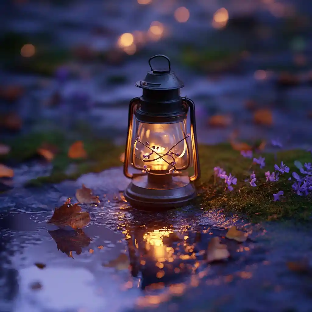 Vintage brass lantern glowing on mossy stone at night