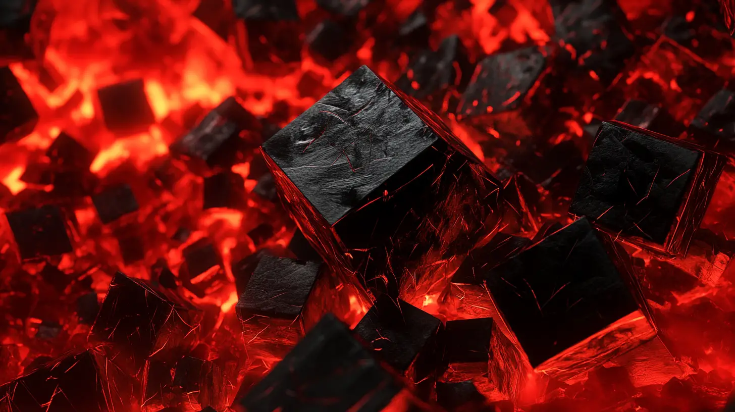 Chaotic black 3d cubes over blazing red lava background