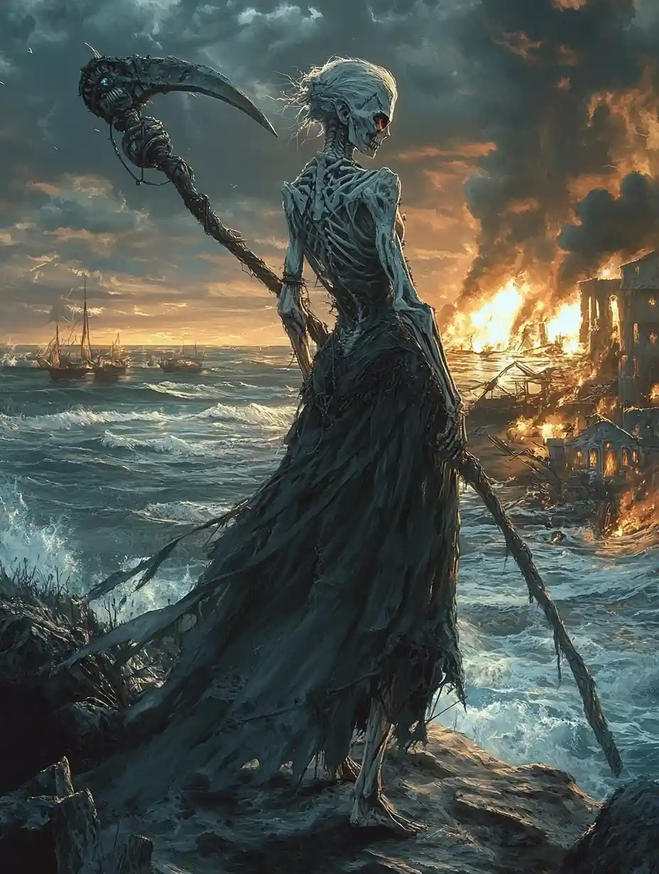 Grim reaper woman on a cliff above an ocean battle